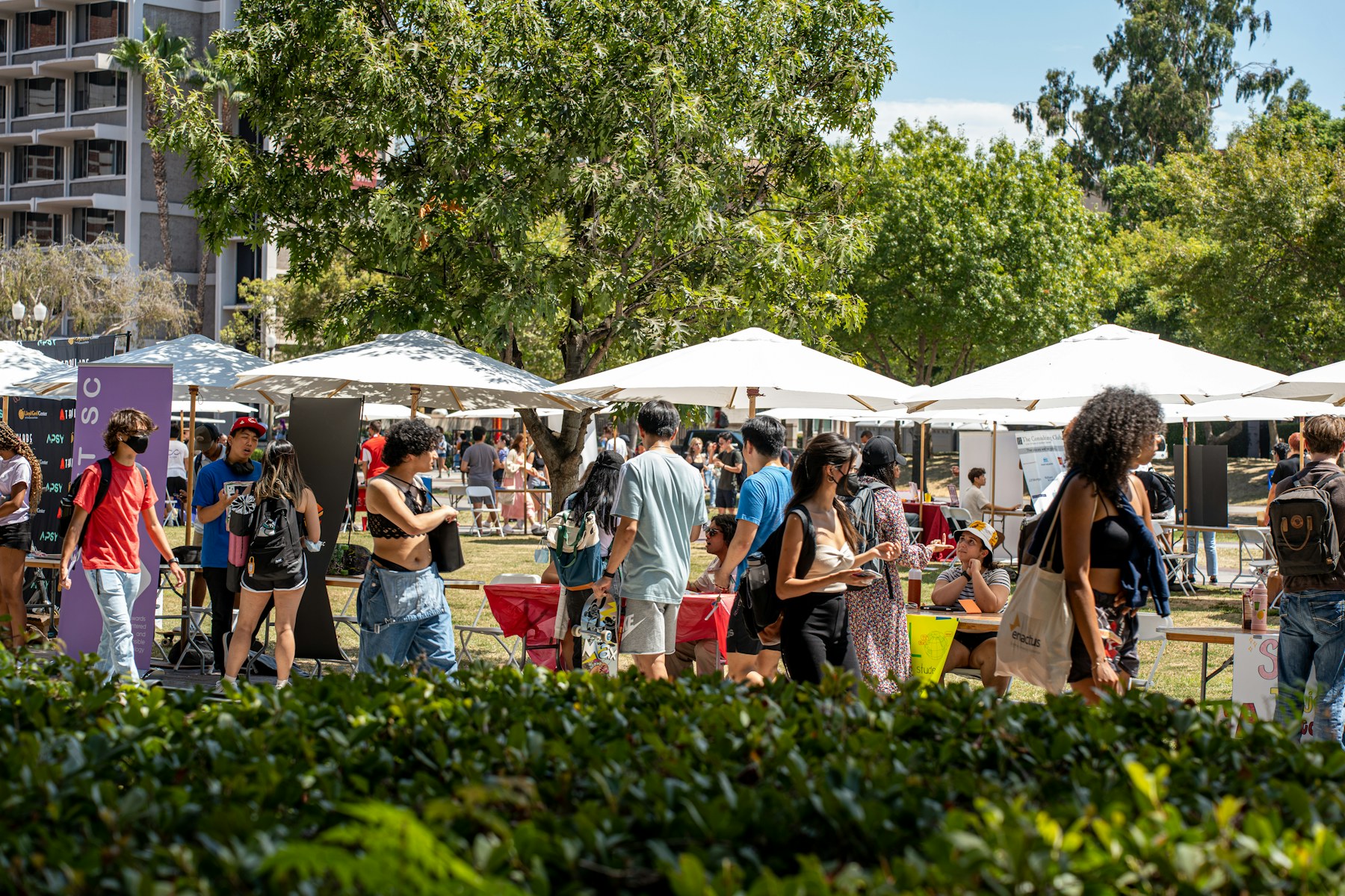 Students moving among booths at an outdoor involvement fair