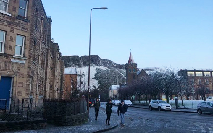 Snow-covered Arthur's Seat seen from student accommodation