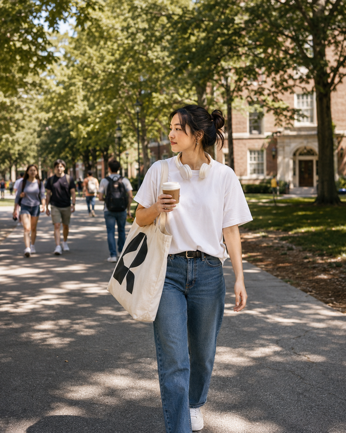 Student walking across campus in simple layered clothing