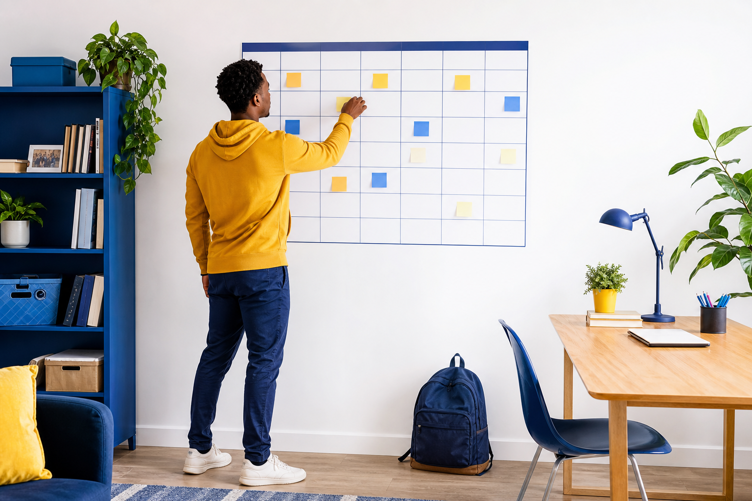 College student building a fifteen week semester plan on a large wall calendar