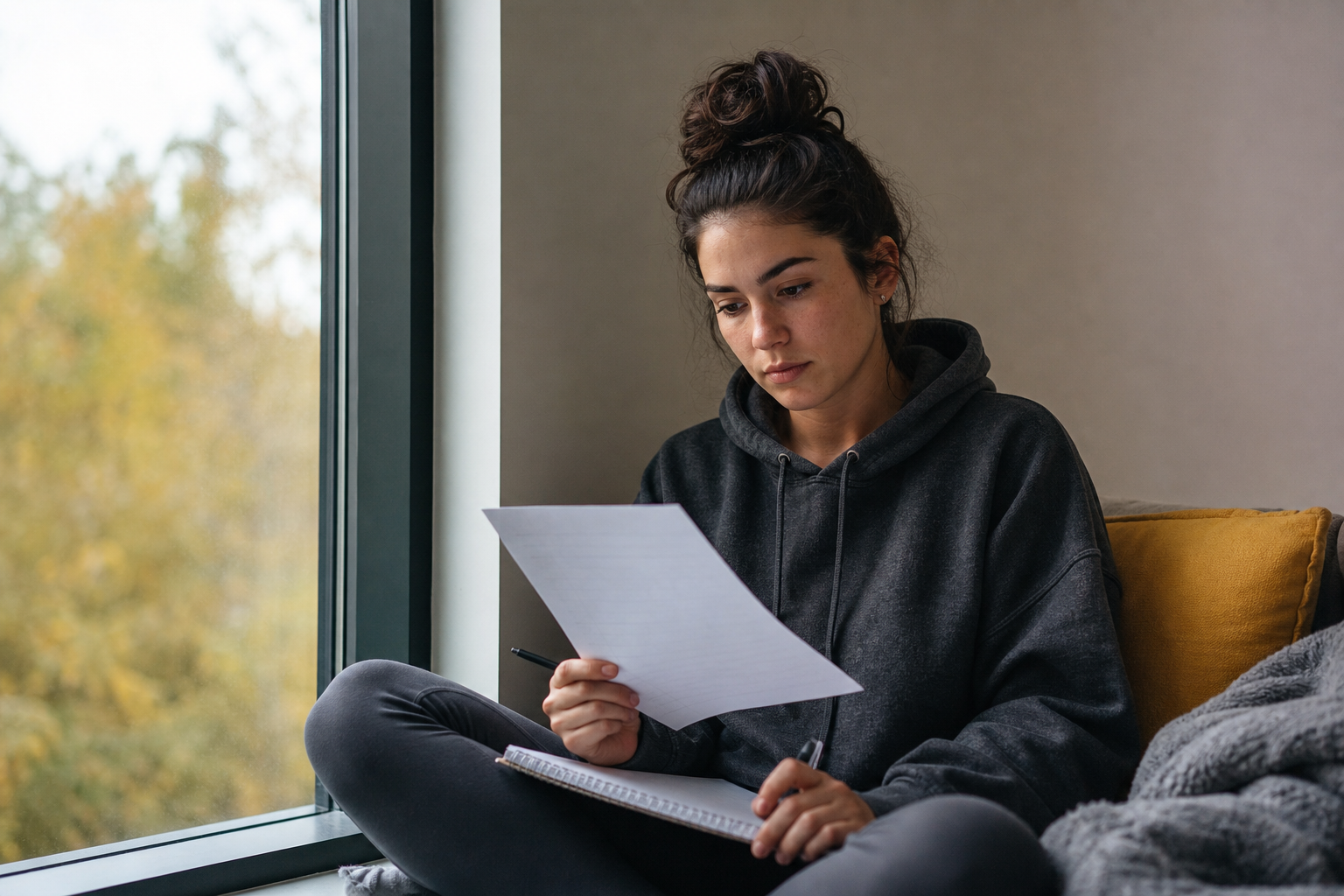 College student reading an academic standing notice with a notebook ready