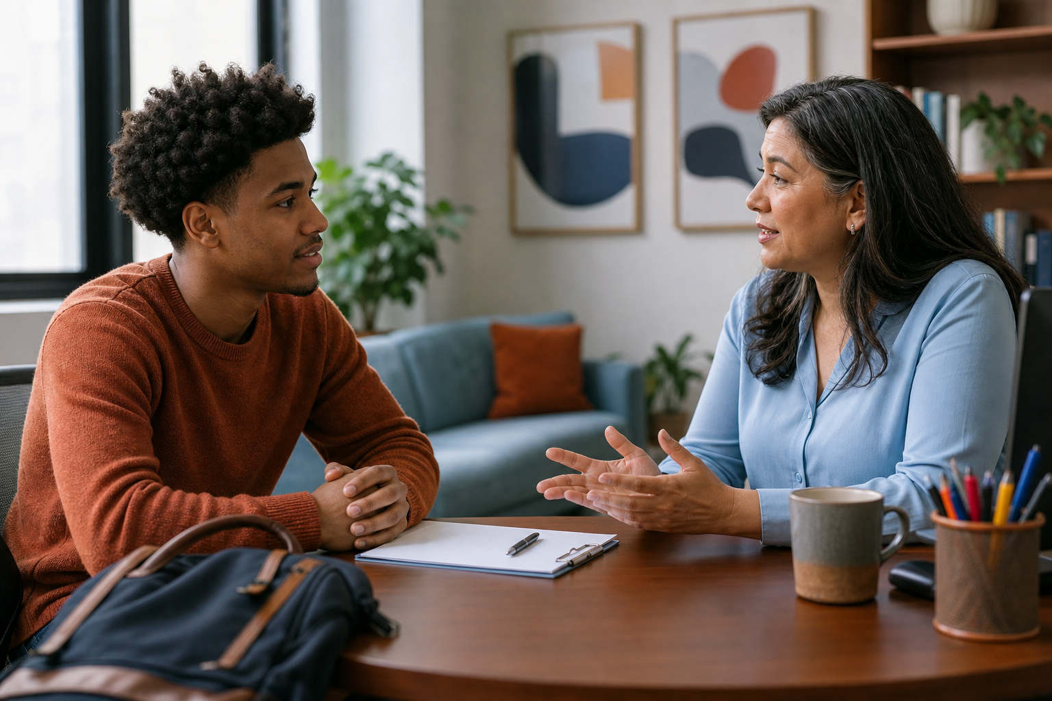 Student building an academic recovery plan with an adviser