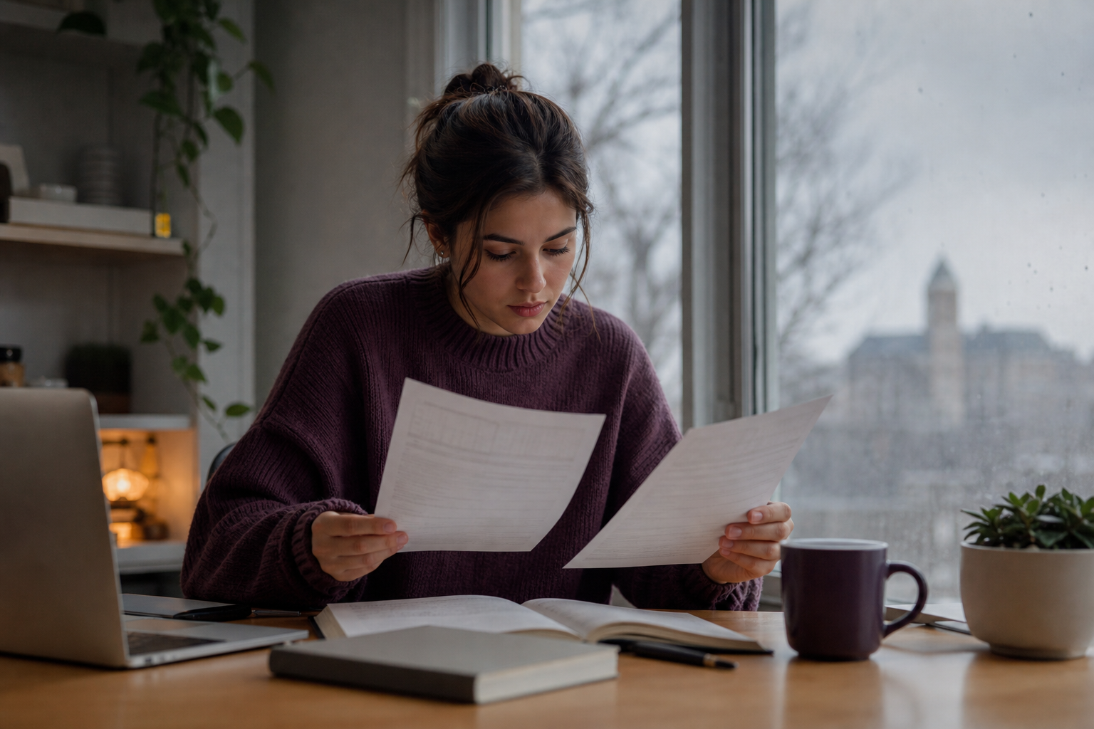 Student comparing two course syllabi before an add drop deadline