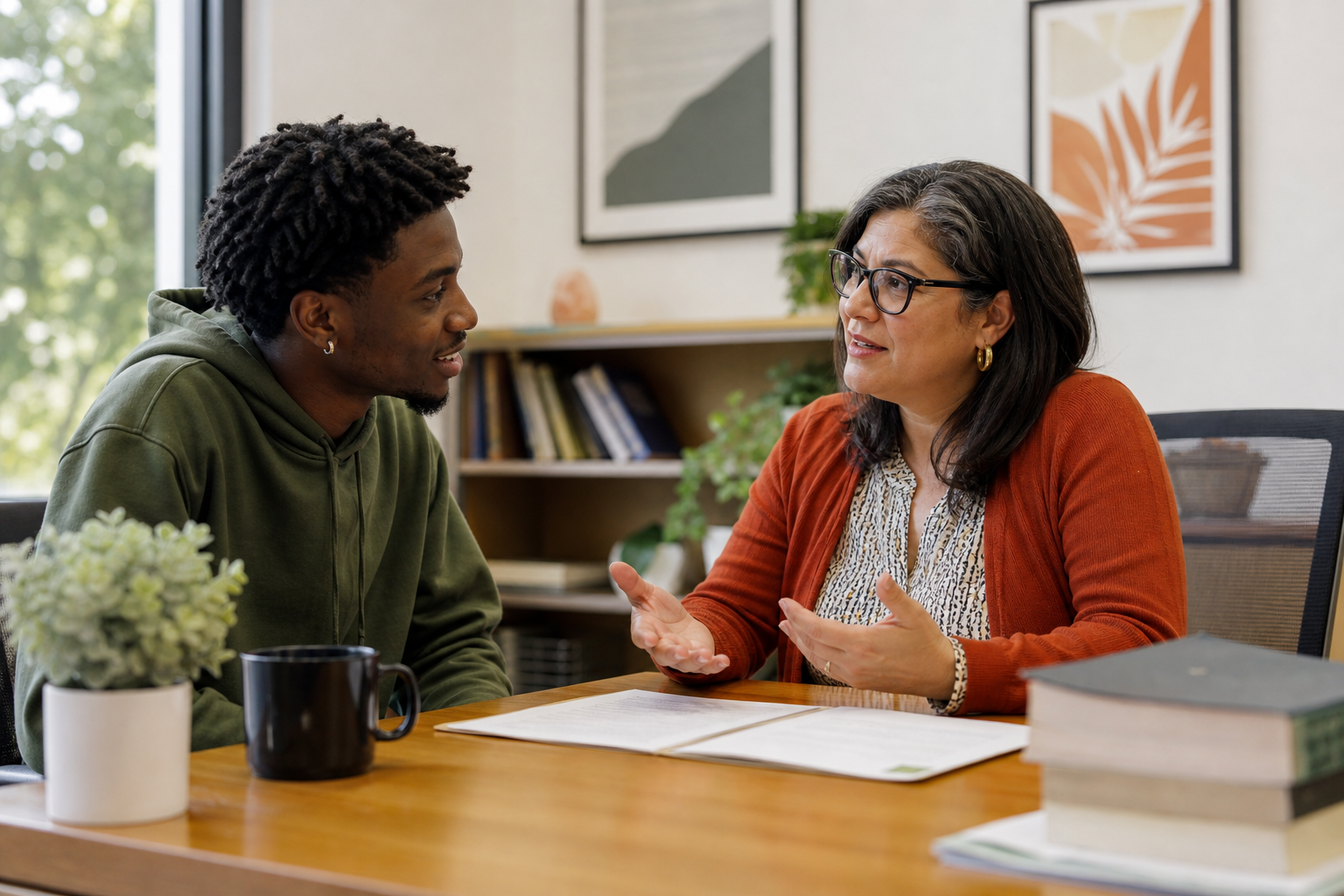College student reviewing a course change with an academic adviser