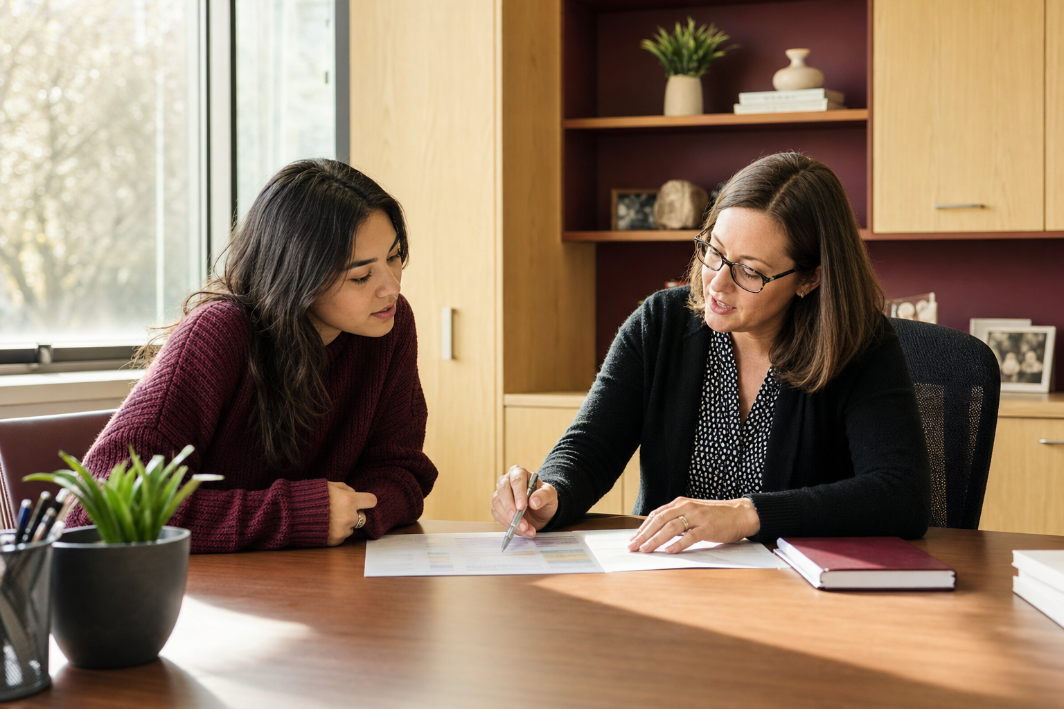 Student and academic adviser mapping the final terms before graduation