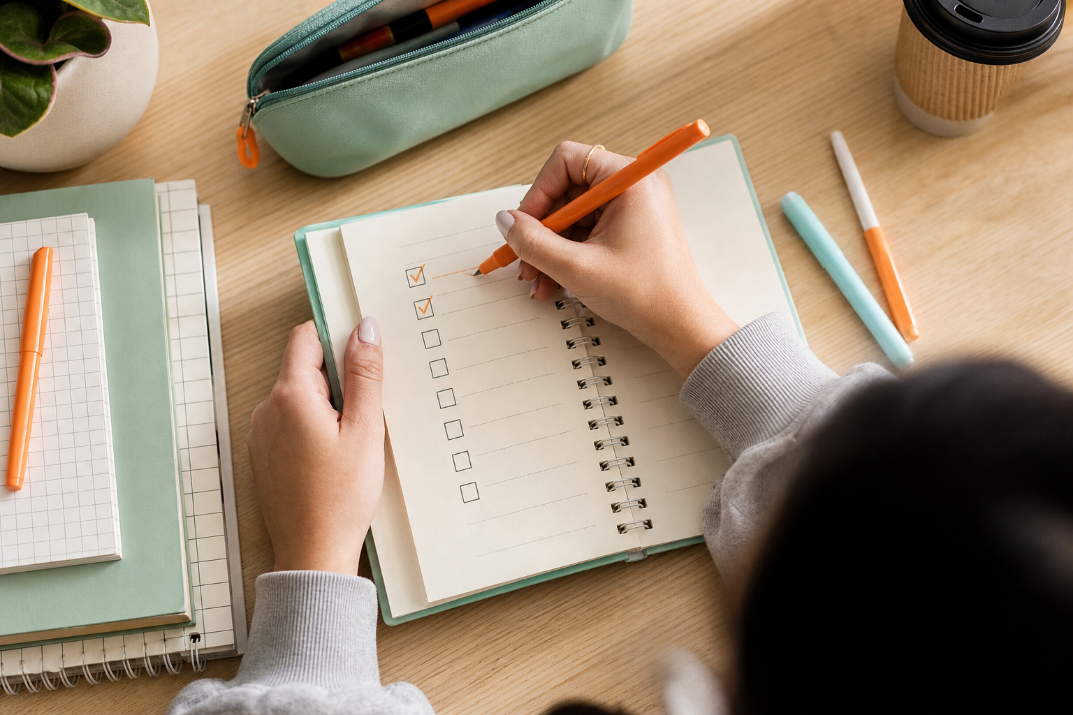 Student crossing completed final exam tasks off a short daily plan