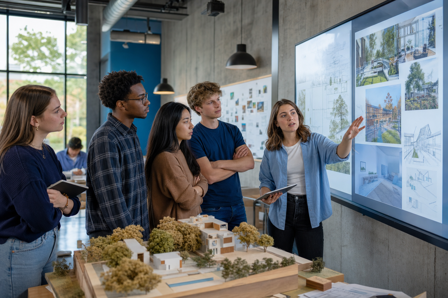 Student group reviewing one combined project draft on a large screen