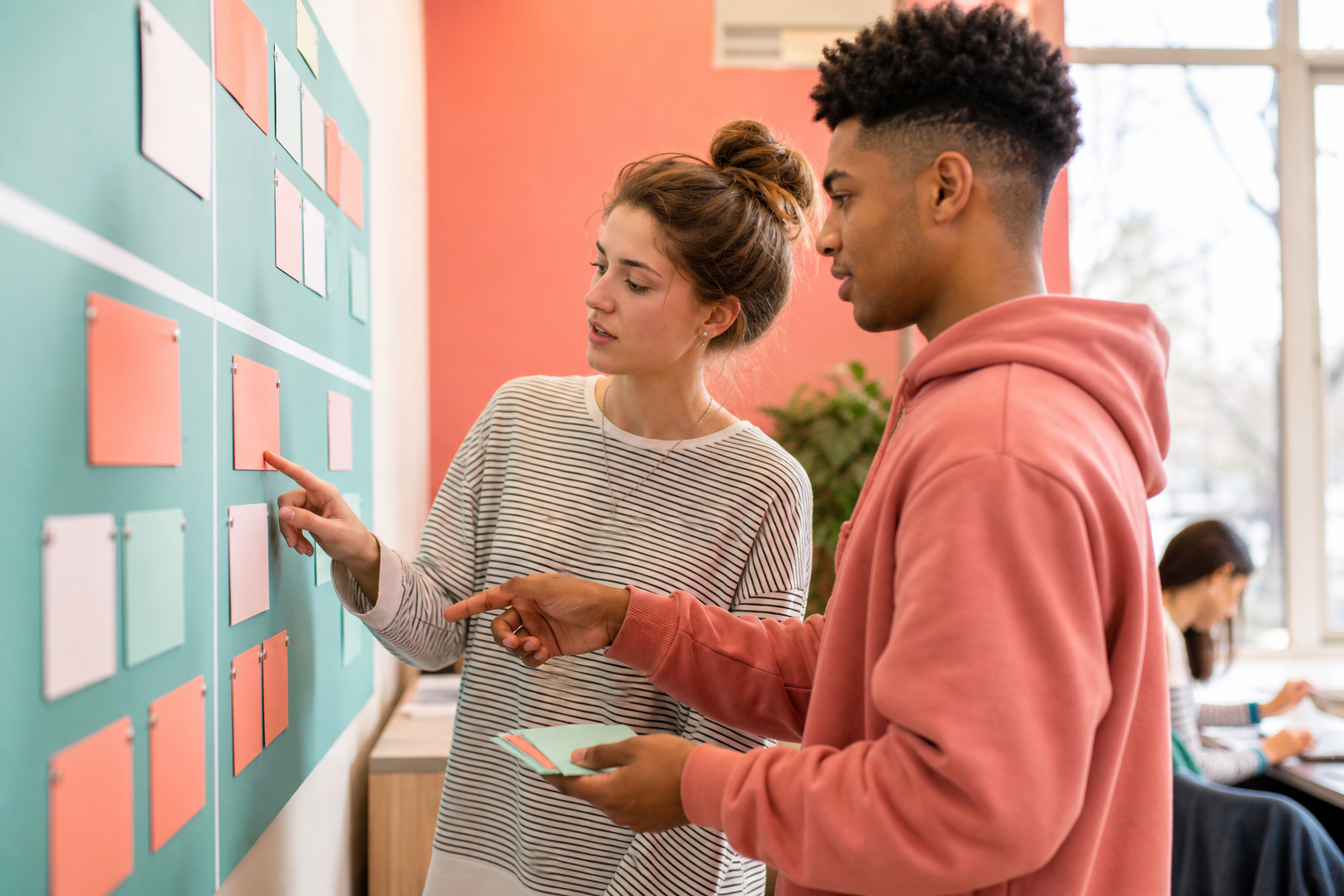 Two students checking a project handoff against a simple task board