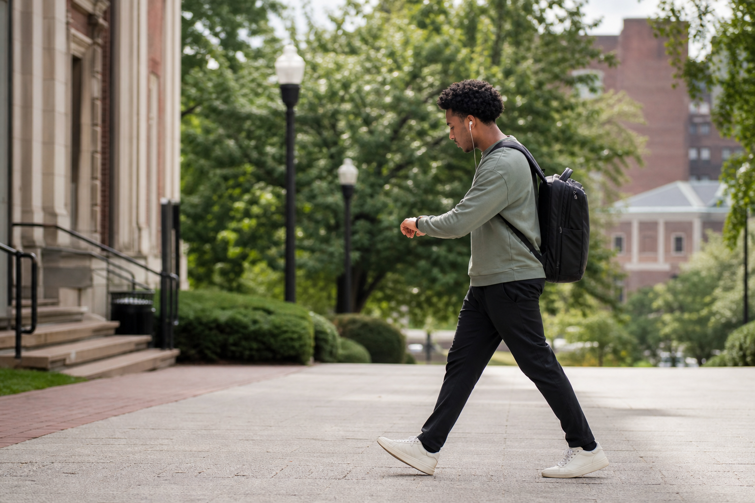 Student timing the walk between two campus classroom buildings