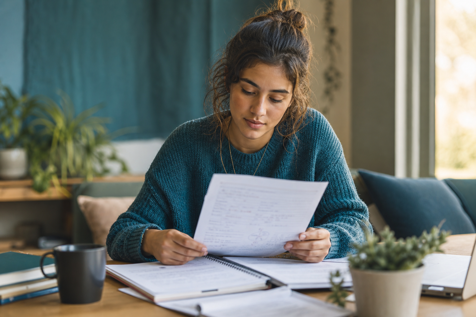 Student calmly reviewing a graded exam and class notes