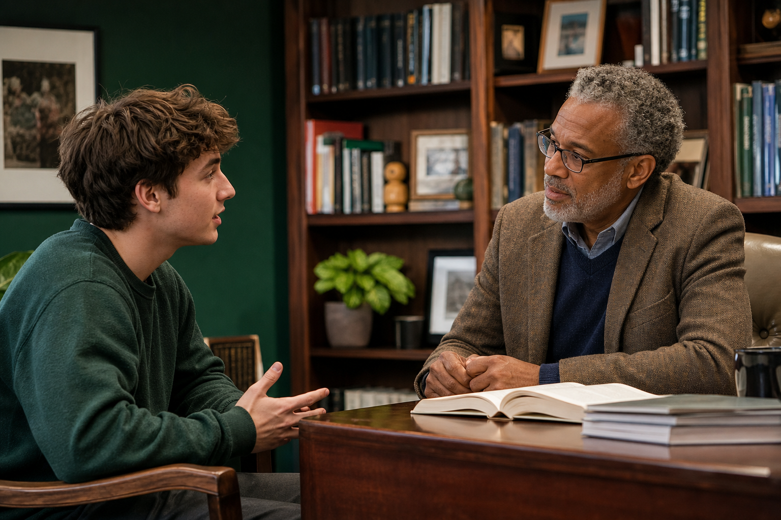 College student asking a professor a prepared question during office hours