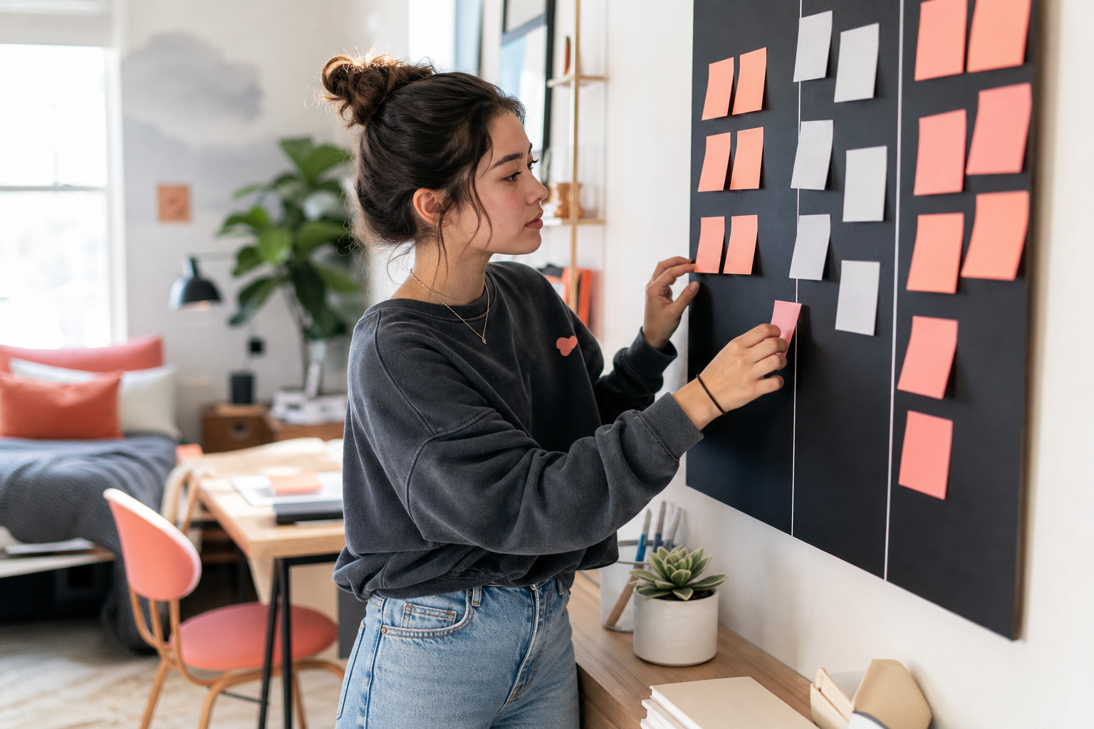 College student sorting midterm deadlines by consequence on a planning board