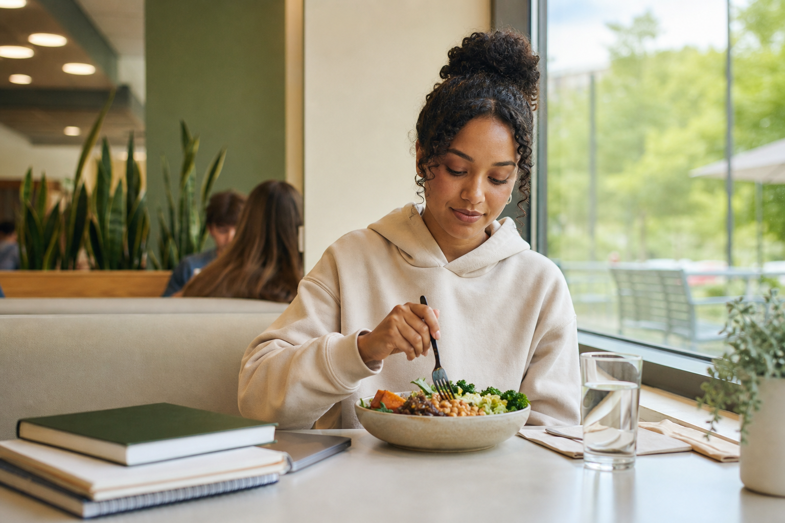 Student taking a planned meal and recovery break during midterm study