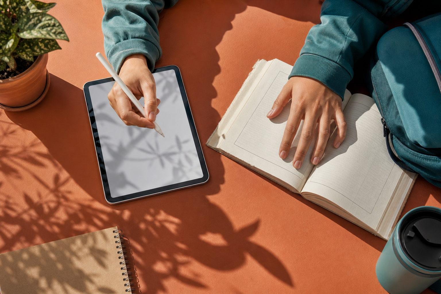 Student comparing a library book digital rental and used textbook