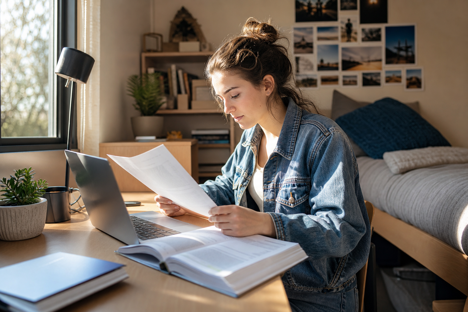 College student checking a syllabus beside a textbook and laptop