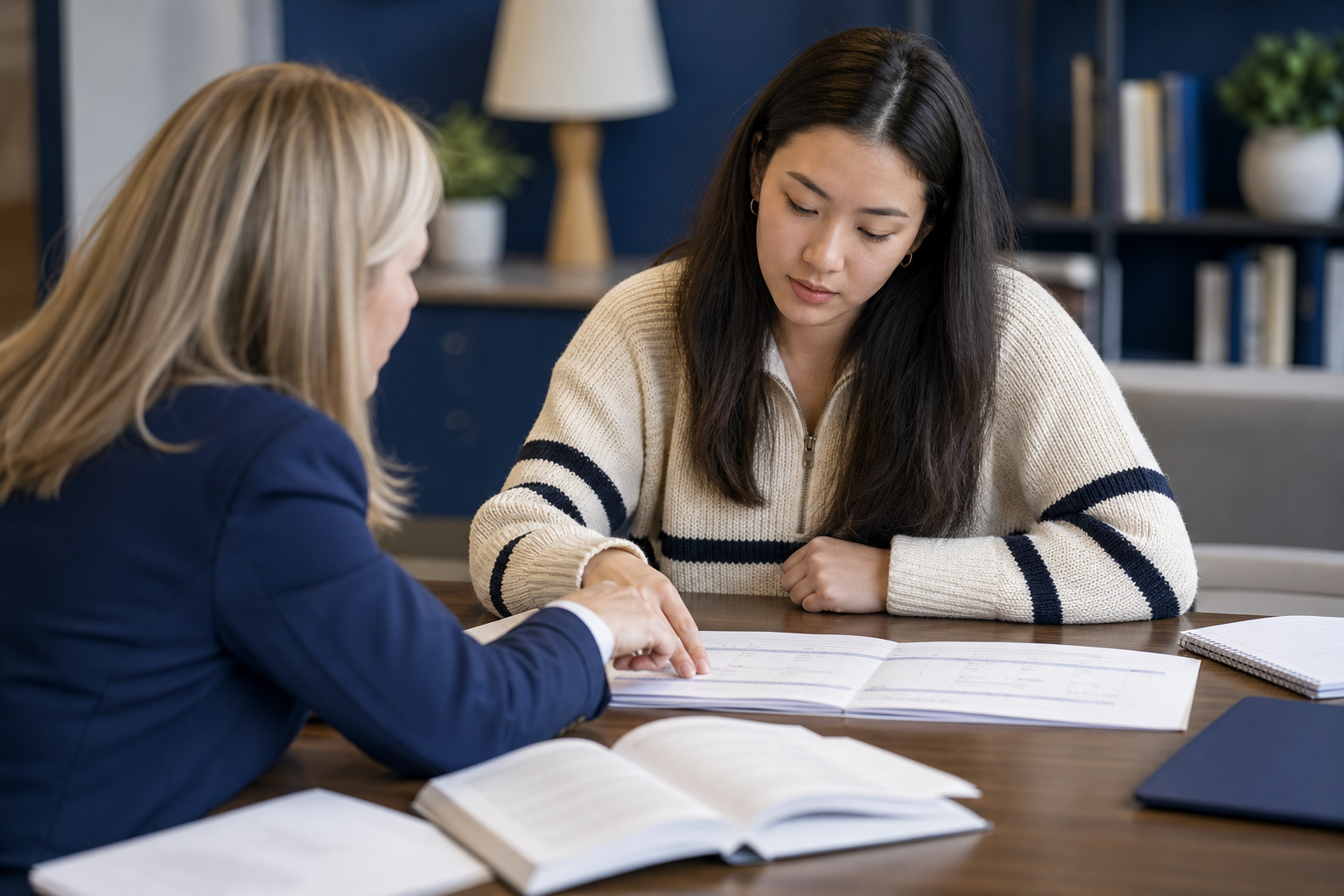 College student reviewing a full required course and alternate sections with an adviser