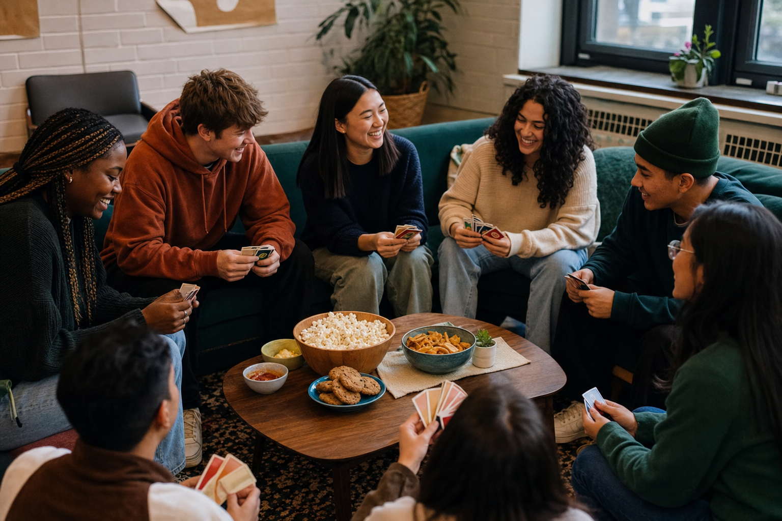 Friends sharing a low cost campus gathering without required purchases