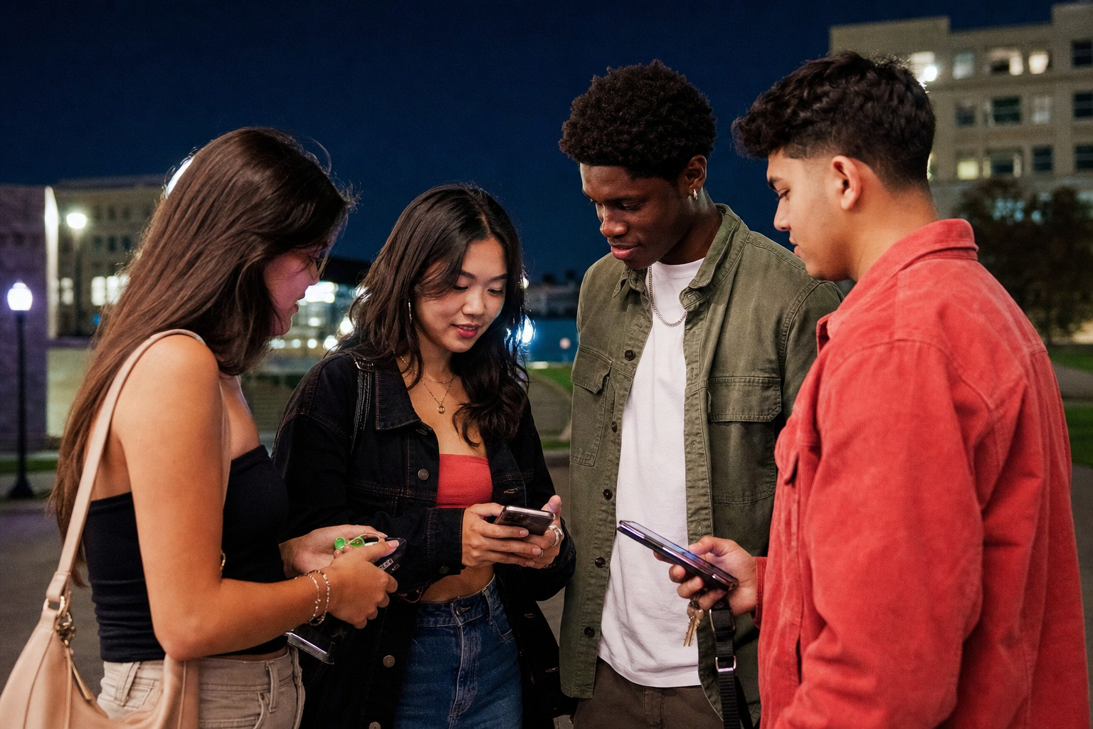 College friends confirming a safe return plan before an evening event