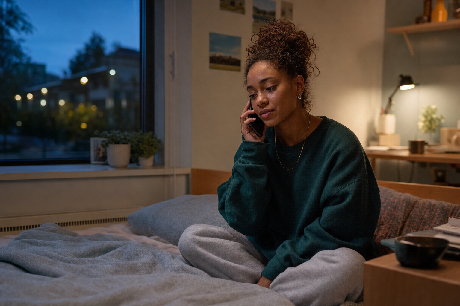 College student having an honest call home without hiding a difficult week