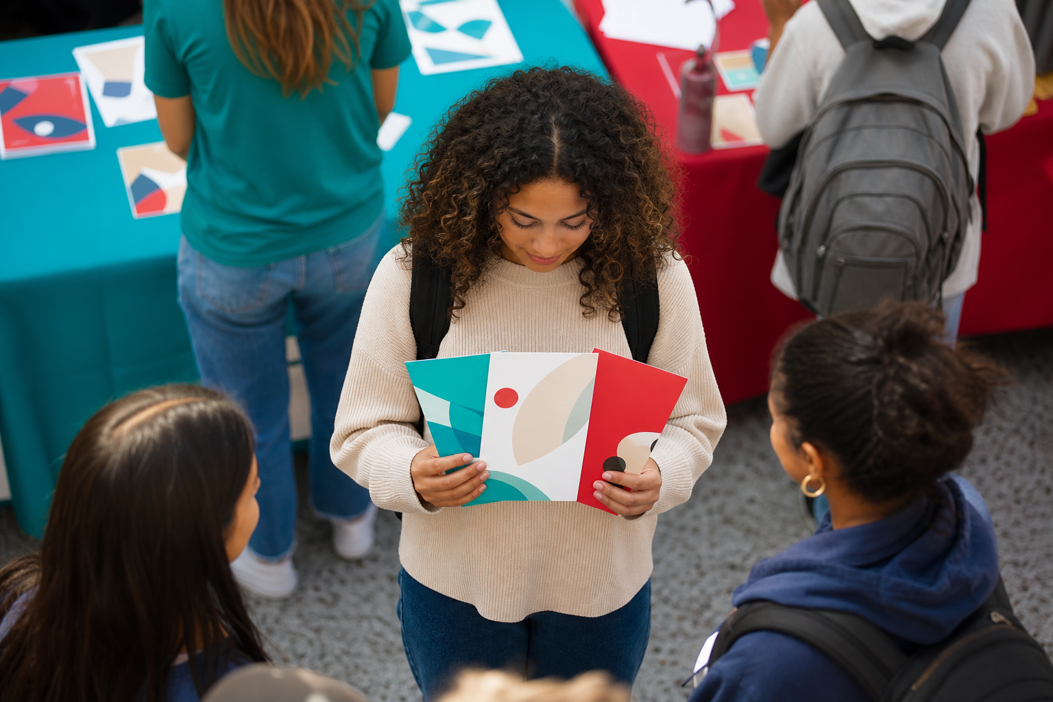 College student comparing a few campus club options after an organization fair