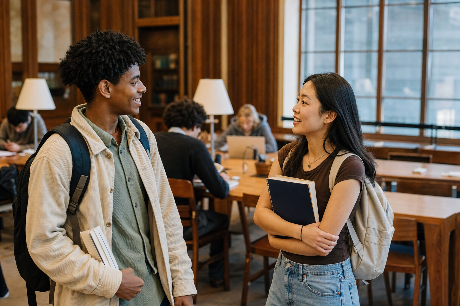 College students recognizing each other in a recurring campus study space