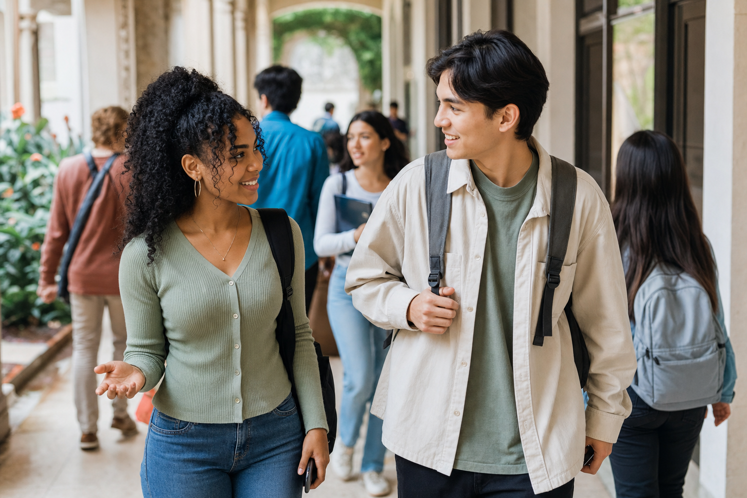 Student inviting a classmate to walk to lunch after class
