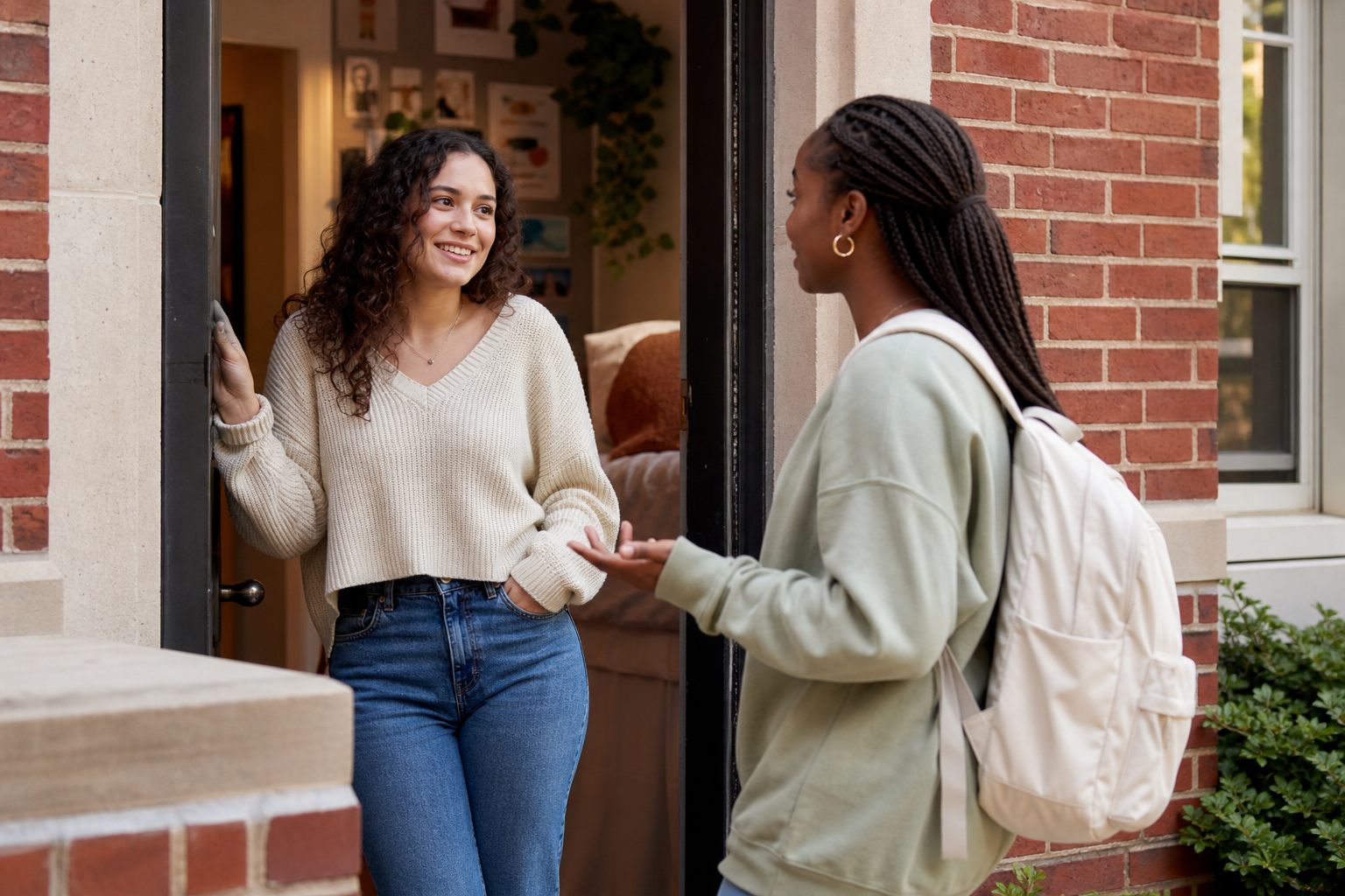 College friends having a clear conversation at a residence hall doorway