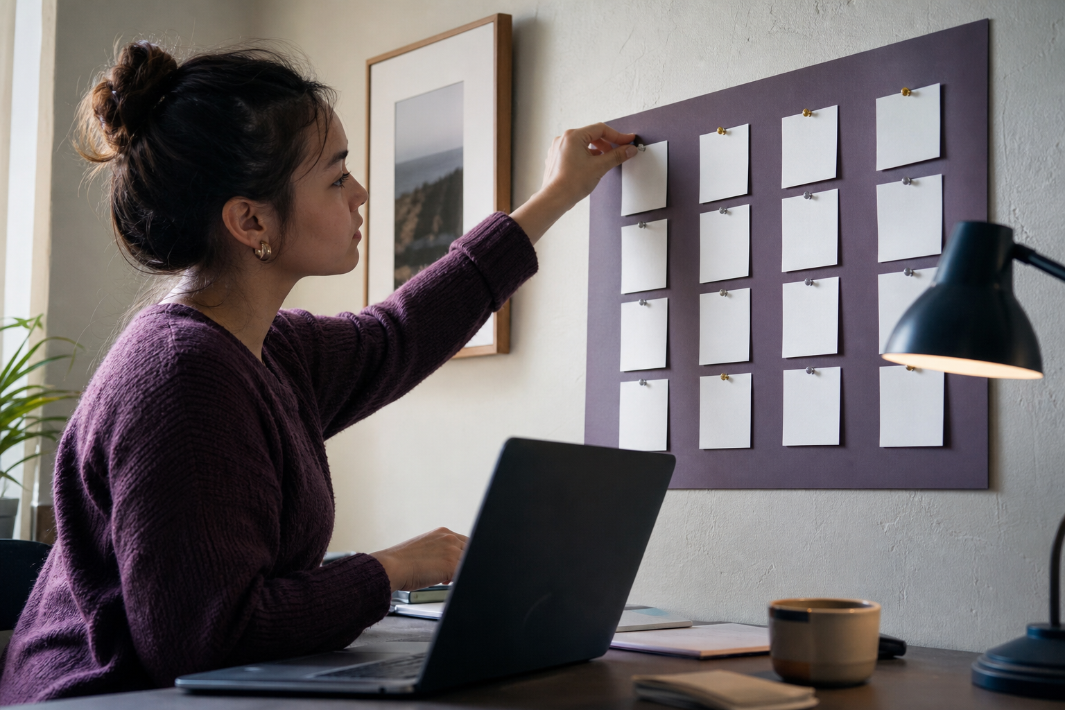 Student maintaining a focused internship application board with blank cards
