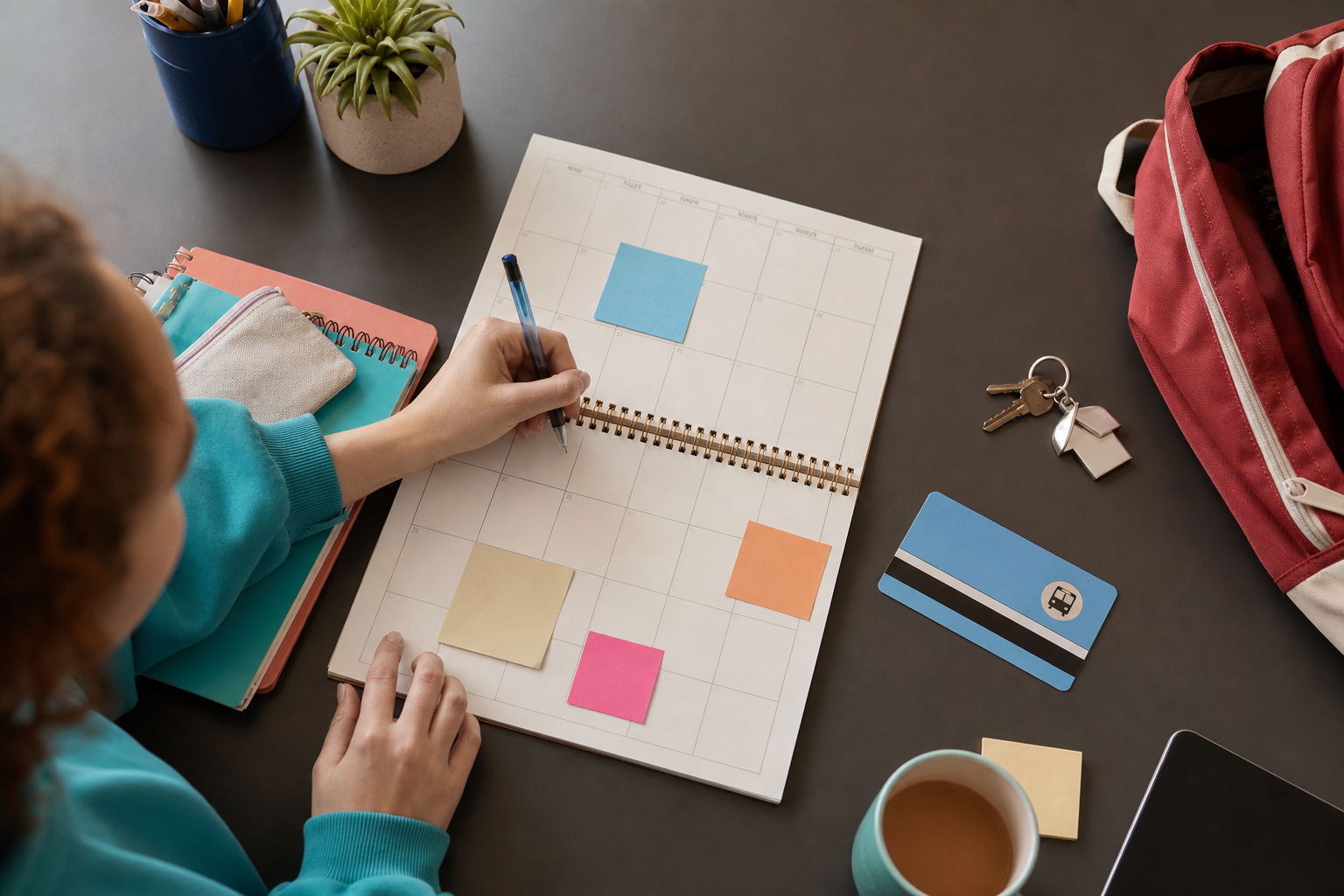 Graduating student mapping housing, income and benefit dates on a paper calendar