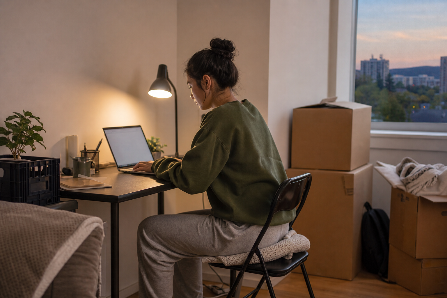 Recent graduate setting up a modest workspace in temporary housing