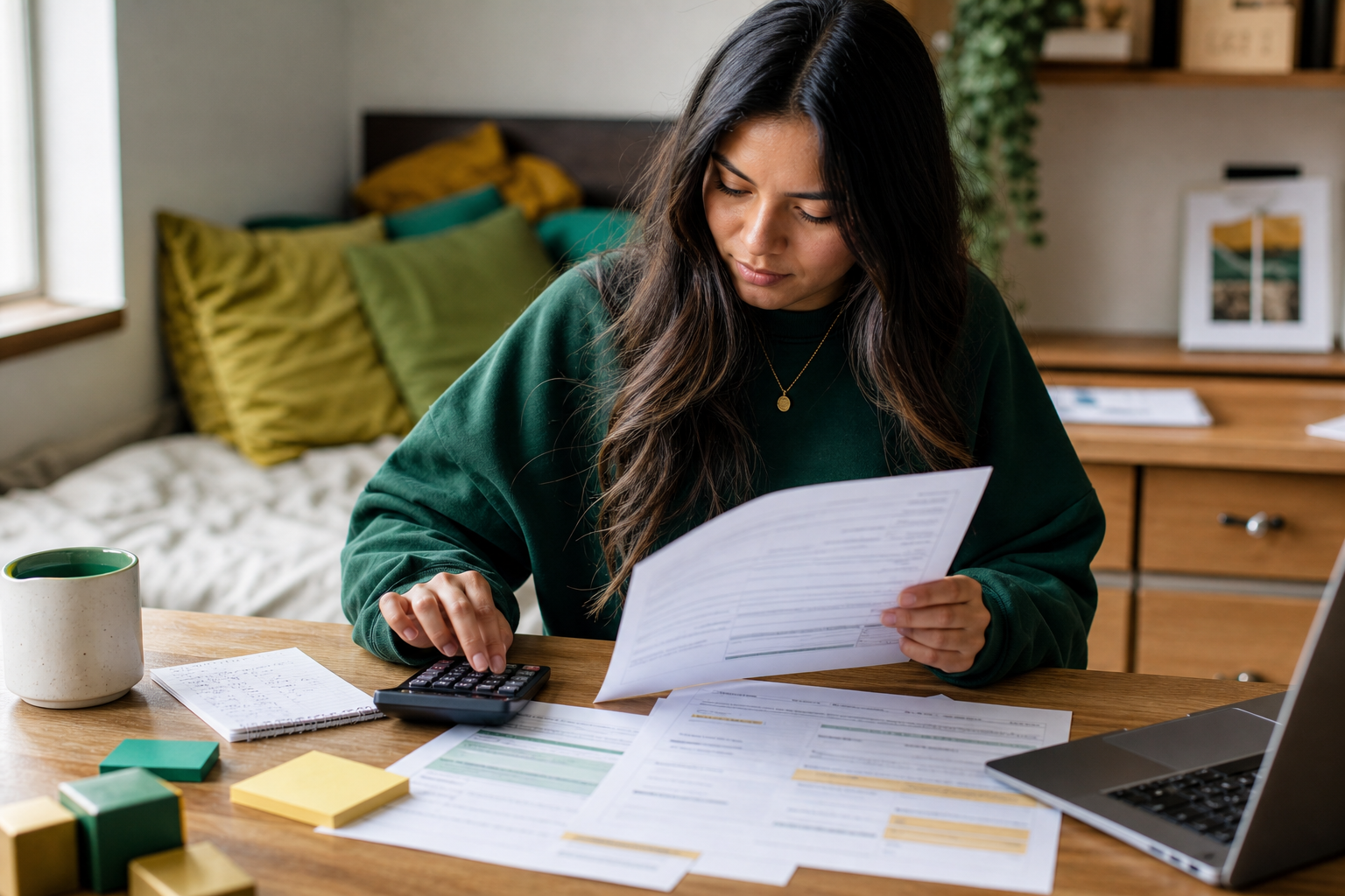 Student reviewing a graduate funding offer with tuition and living-cost notes