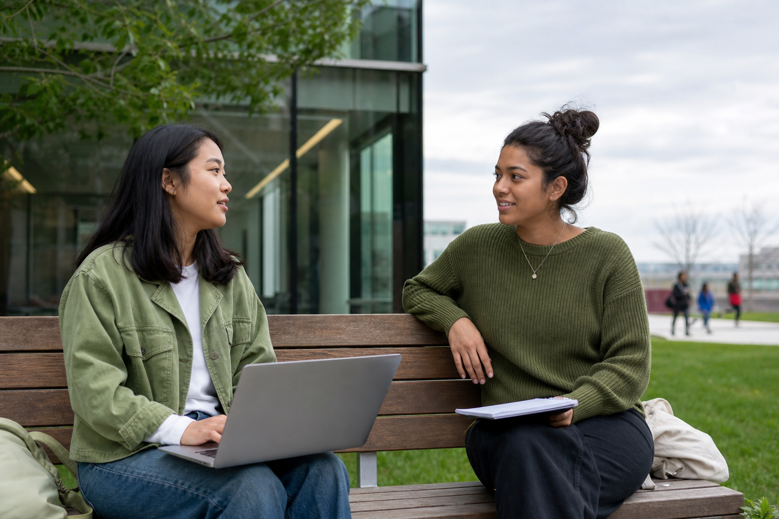 Prospective graduate student speaking with a current student on campus