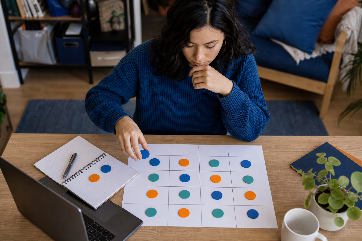 College senior comparing first job offer components on a blank matrix