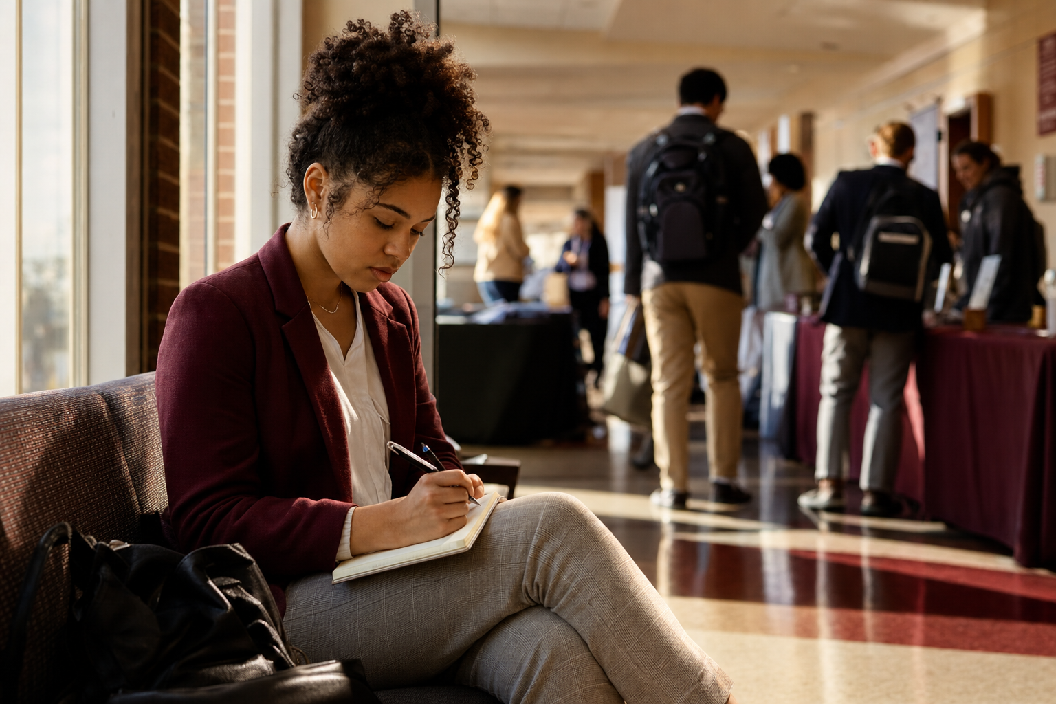 Student writing career-fair follow-up notes in a quiet campus hallway