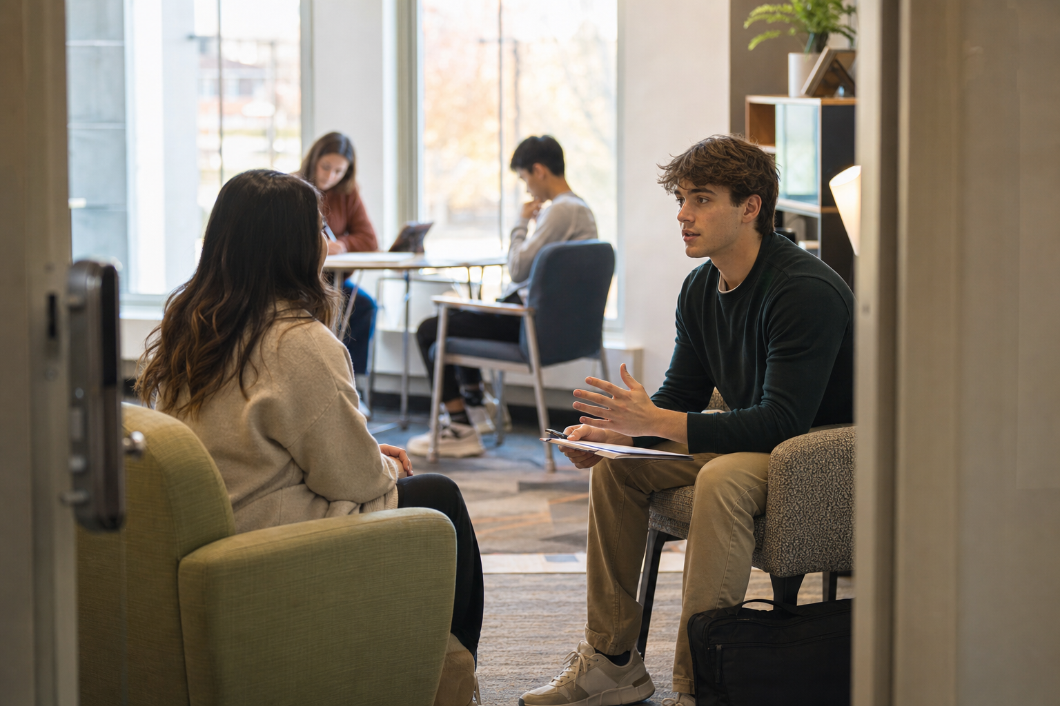 College student arranging interview evidence stories on blank cards