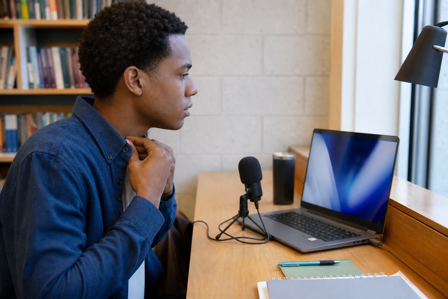 Student checking virtual interview framing and audio in a quiet room
