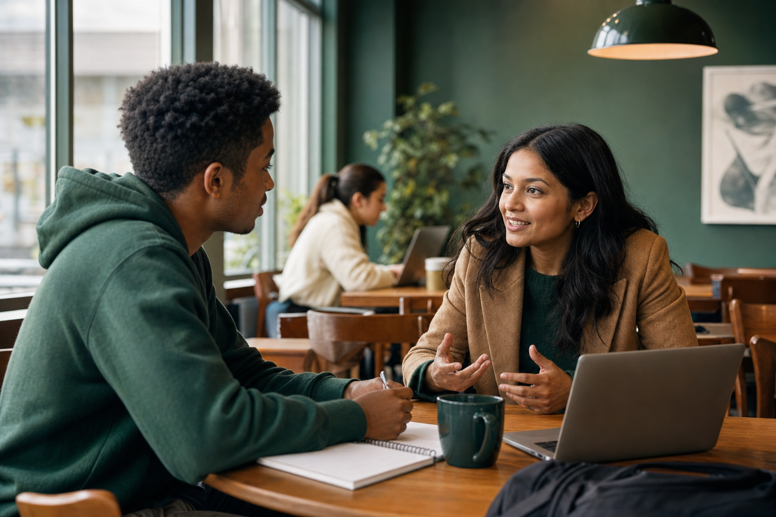 Student having a focused career conversation with an alum in a campus cafe