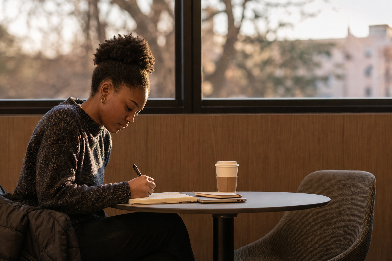 College student writing a brief follow-up note after a professional conversation