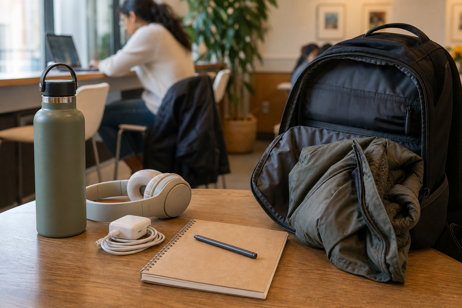 Compact internship work kit arranged beside a student backpack
