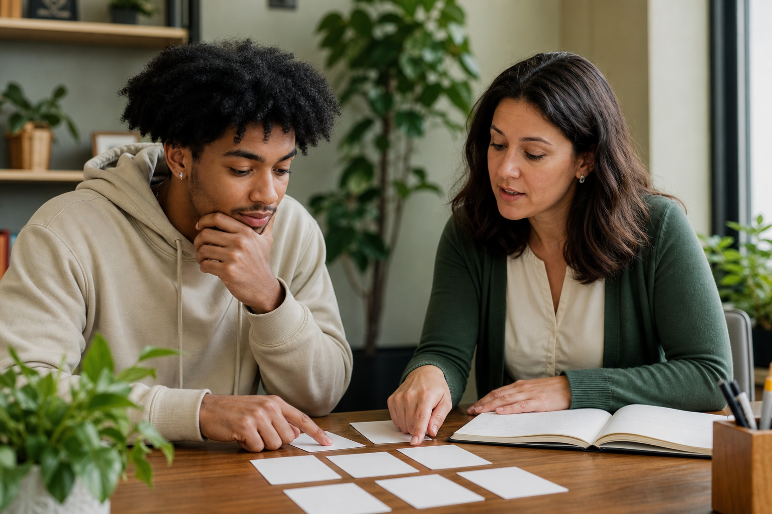 College student reviewing career options with an adviser before senior year