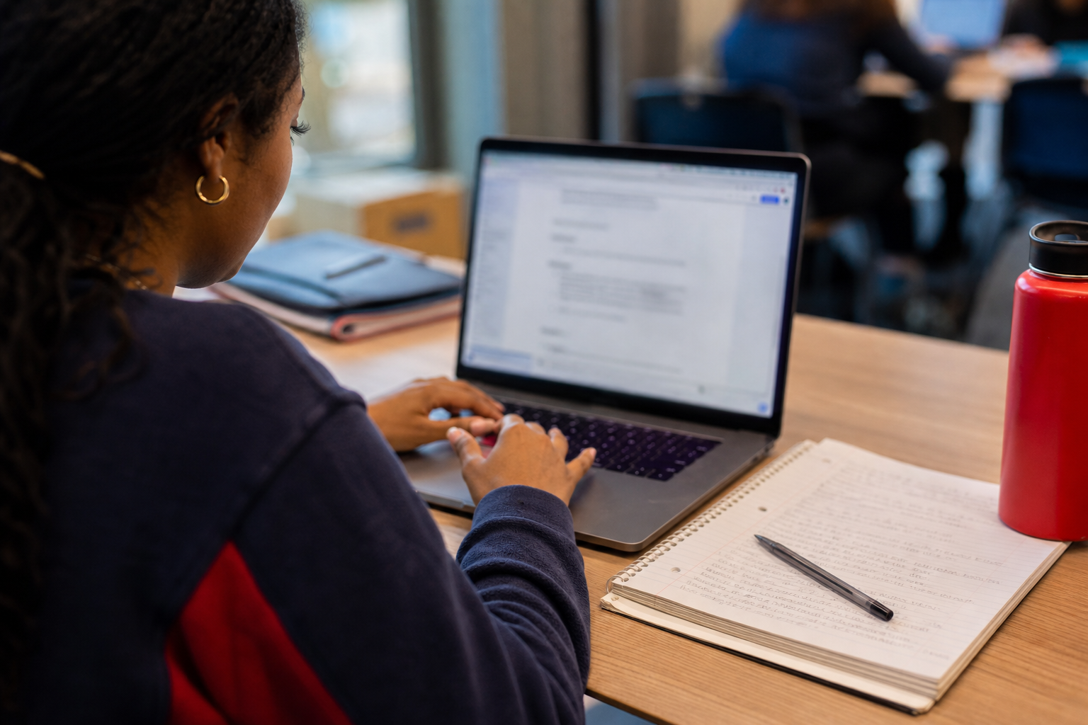 Student revising a résumé bullet beside a project notebook