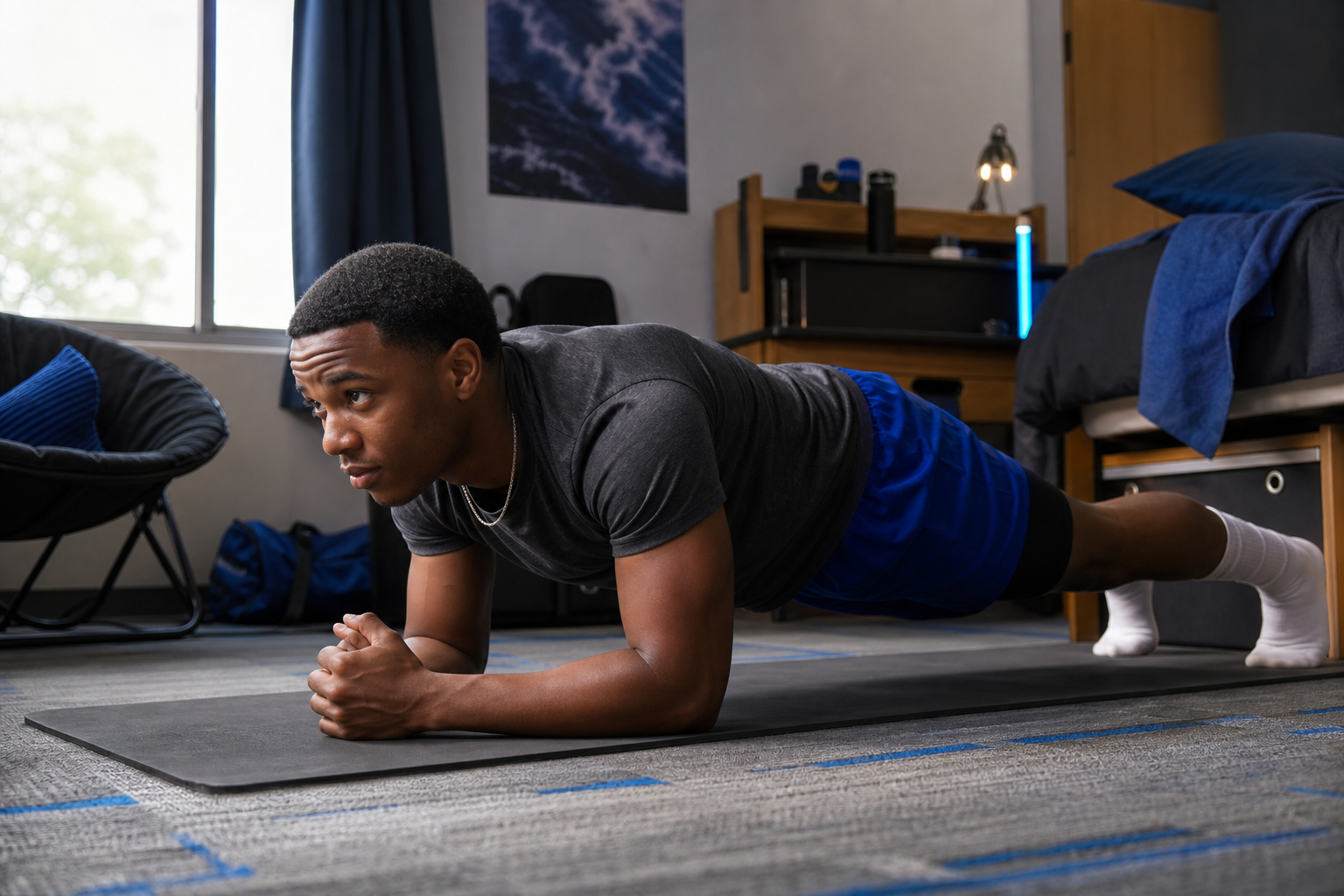 Student doing a short bodyweight strength session in a clear room