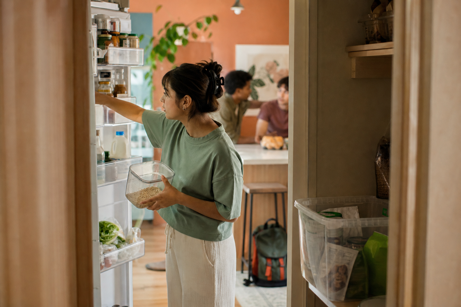Student checking available refrigerator and pantry space before grocery shopping