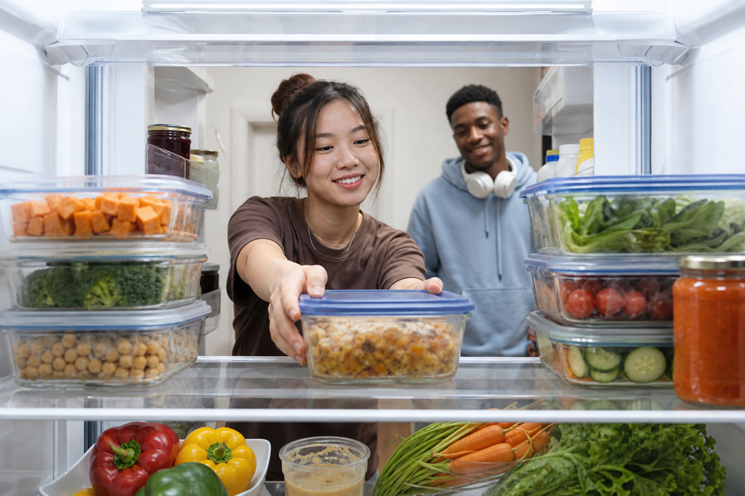 Shared student refrigerator with an organized use first food zone