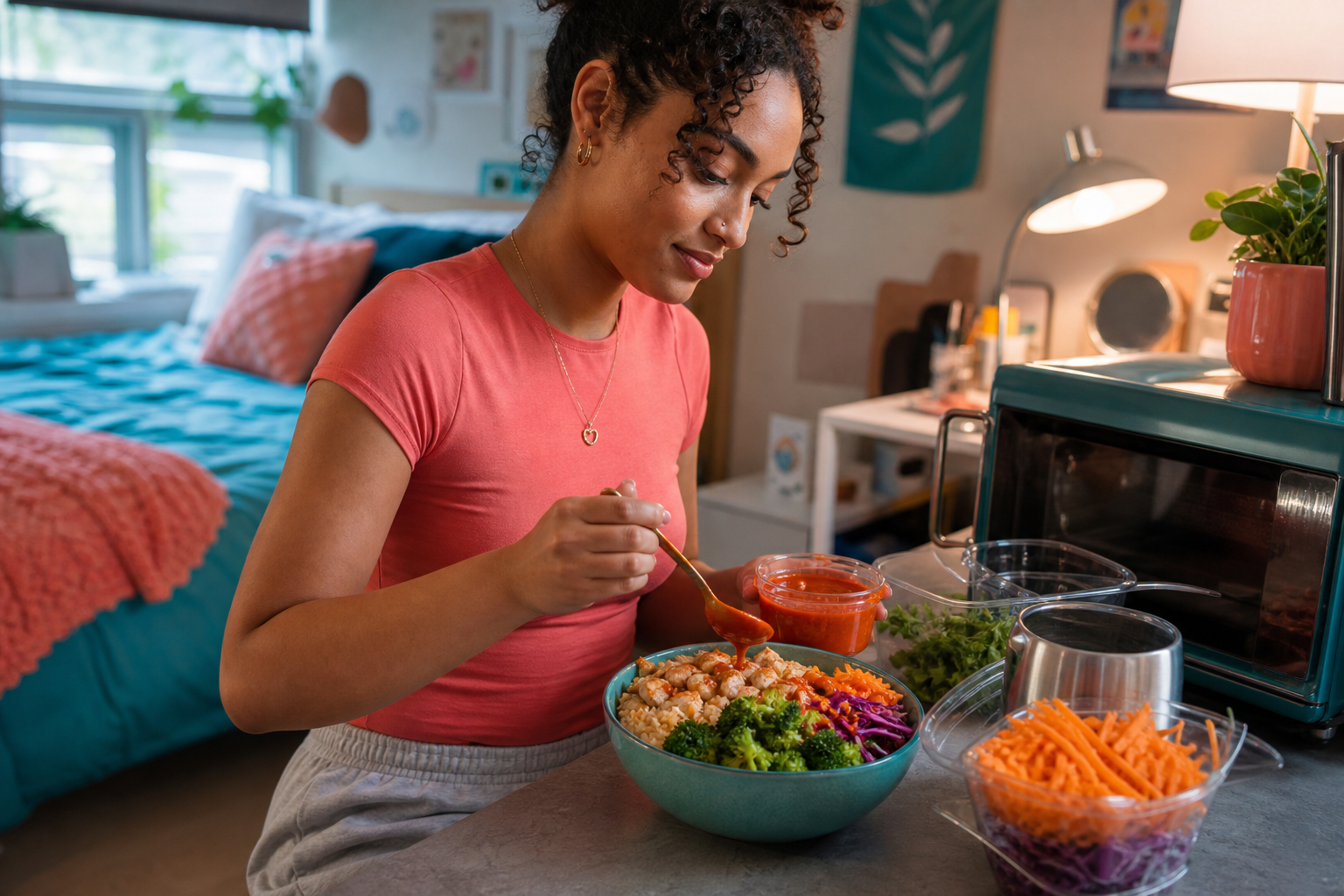 Simple dorm meal ingredients organized in a shared kitchen