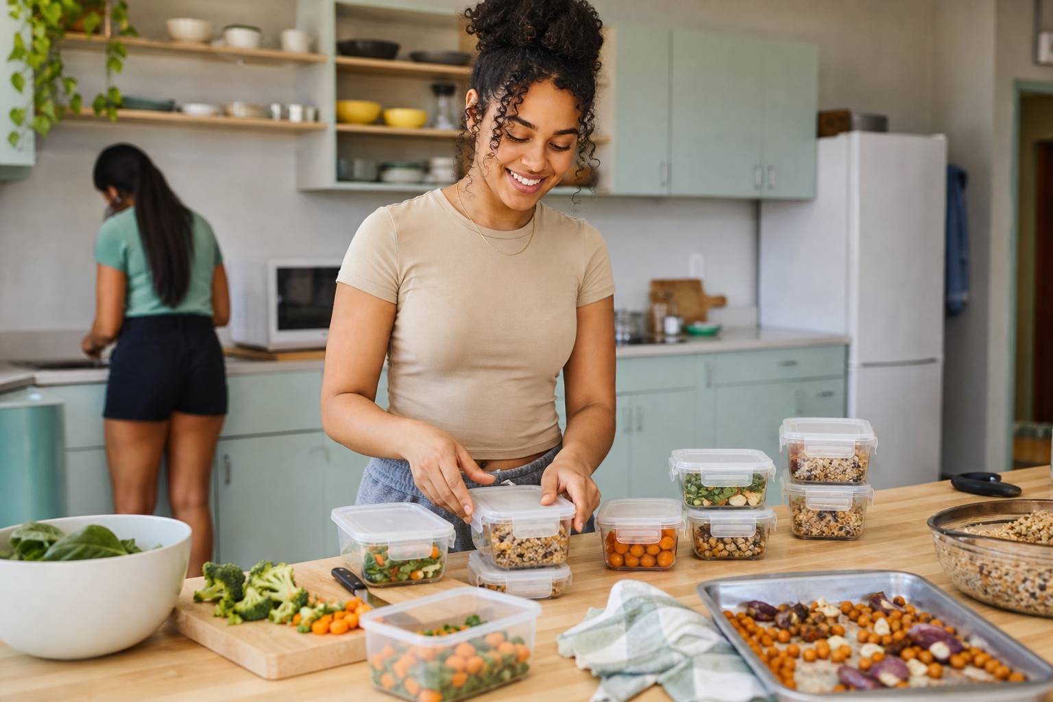 College student storing dorm meal ingredients in labeled containers