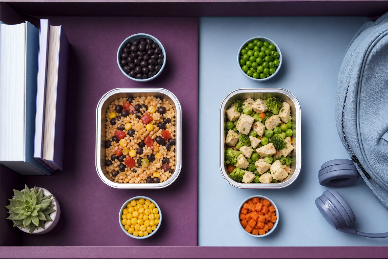 Two compact shelf stable backup meals arranged for a busy week
