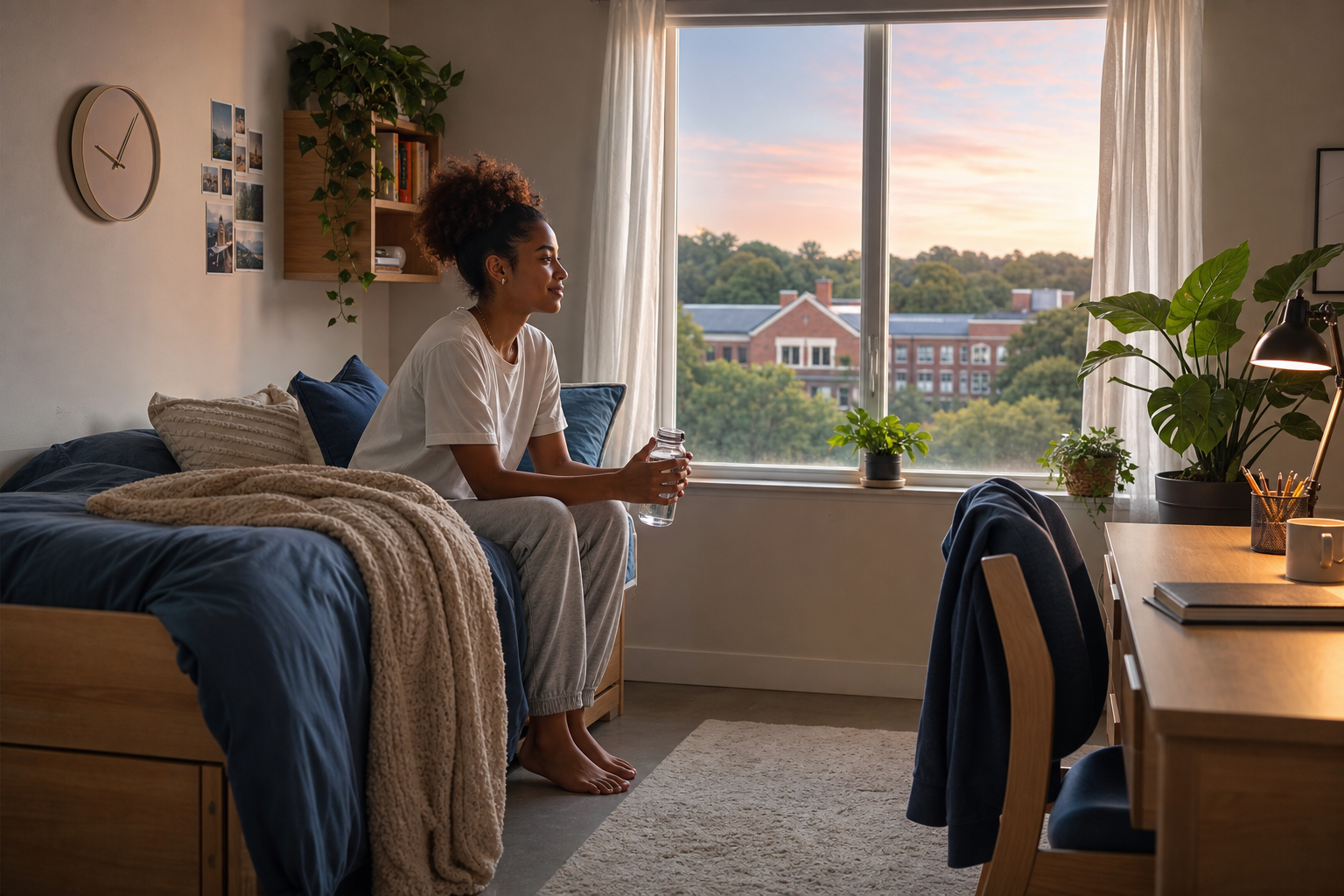 College student starting a calm morning after a consistent sleep schedule