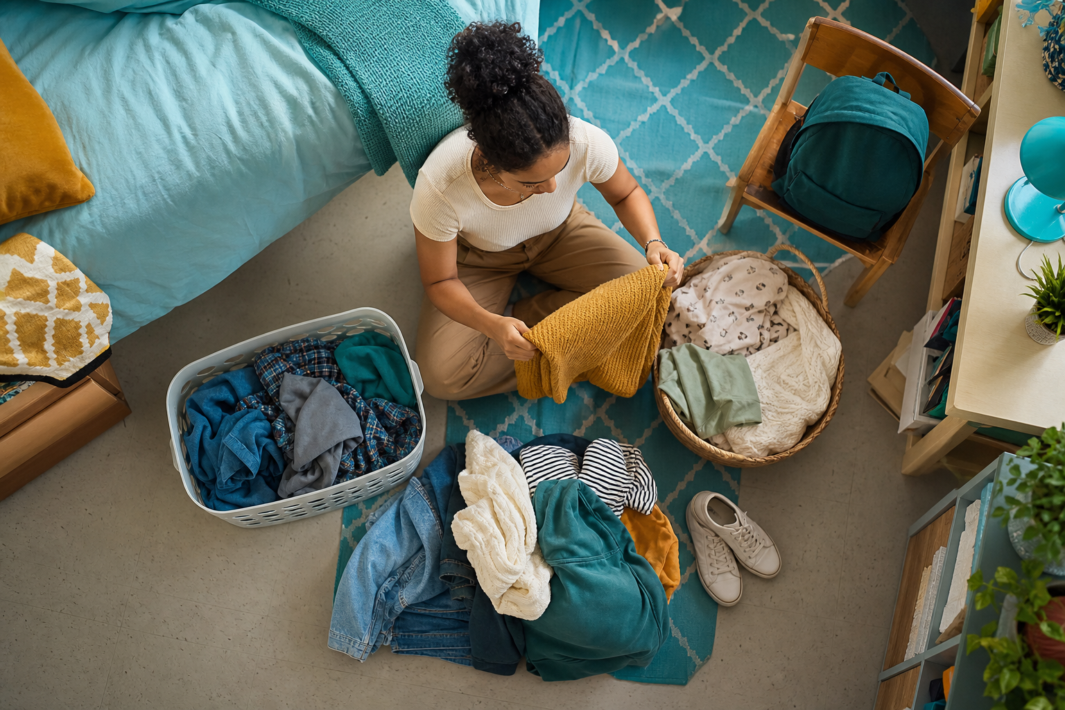 Student sorting a manageable laundry load in a residence hall