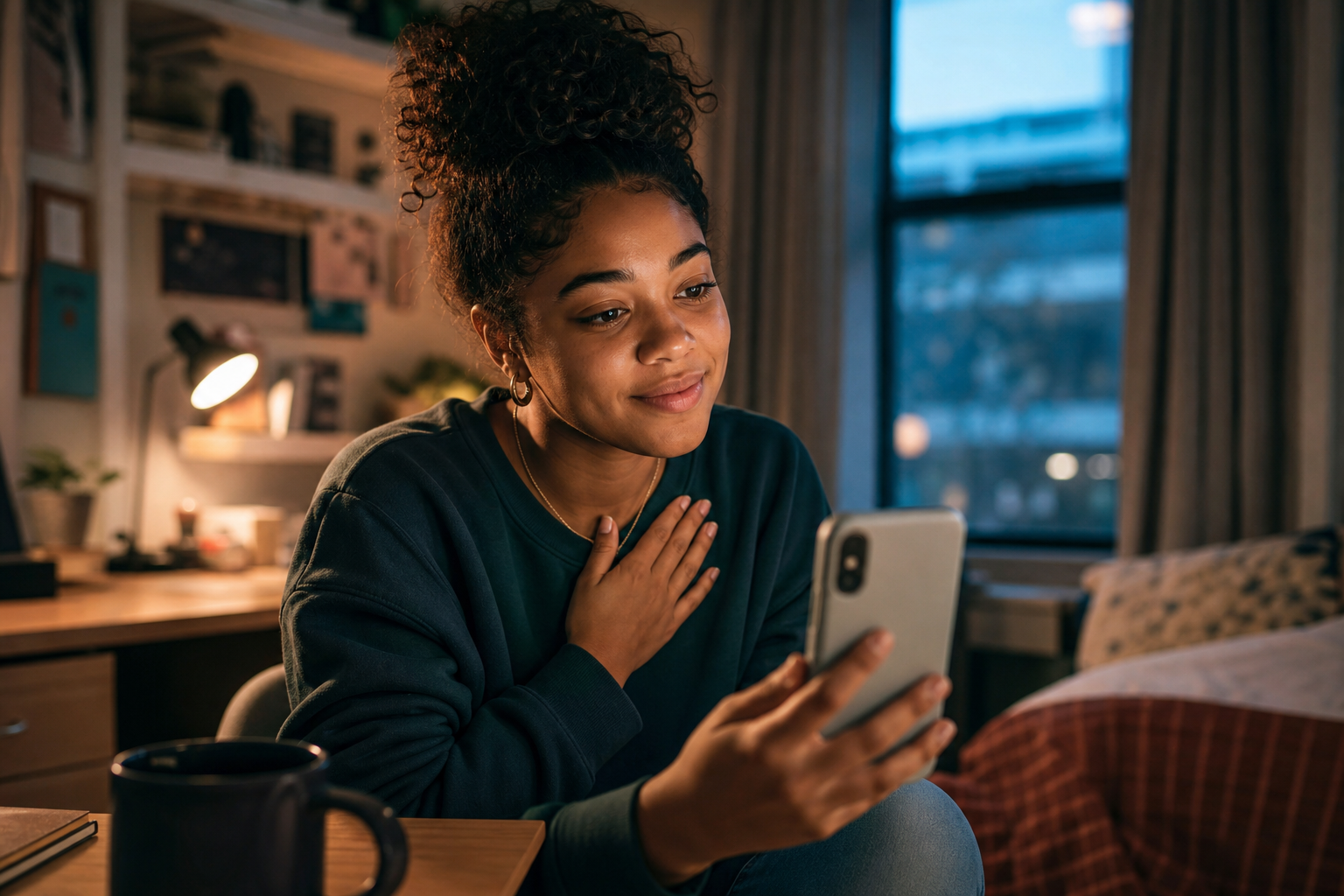 College student having a calm supportive call about a difficult semester
